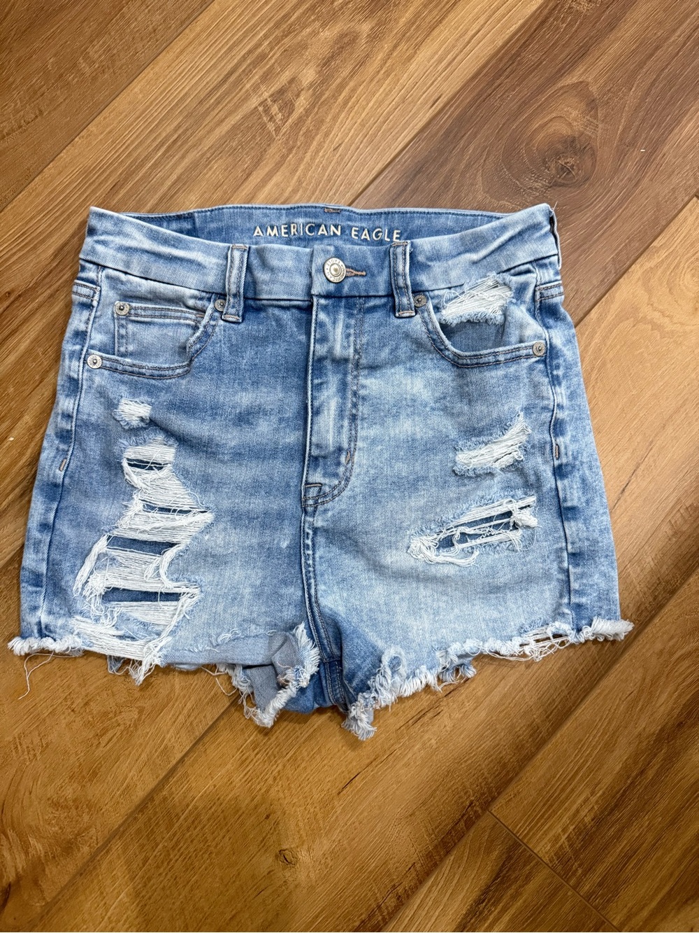 American Eagle Outfitters Light Blue Distressed High-Rise Denim Shorts